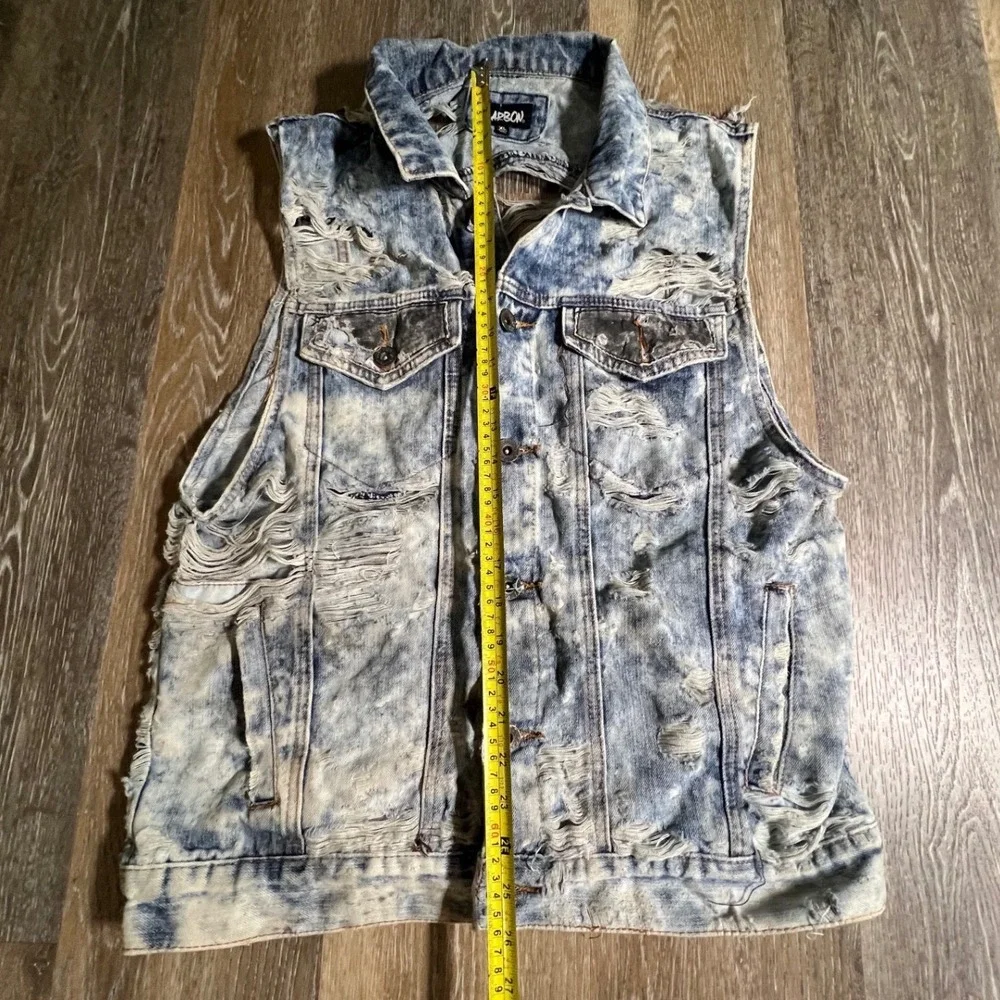 Carbon Denim Vest Mens XL Blue Acid Wash Distressed Shredded Trucker Jacket